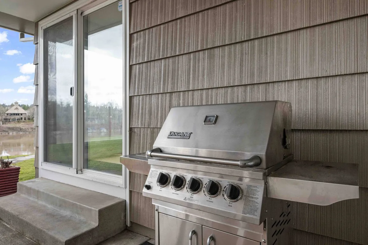 This exterior shot features a glass sliding door leading out to a well-kept lawn area and an outdoor grill setup. The space invites outdoor dining, barbecues, and easy access between indoor and outdoor spaces, which is ideal for guests and their pets.
